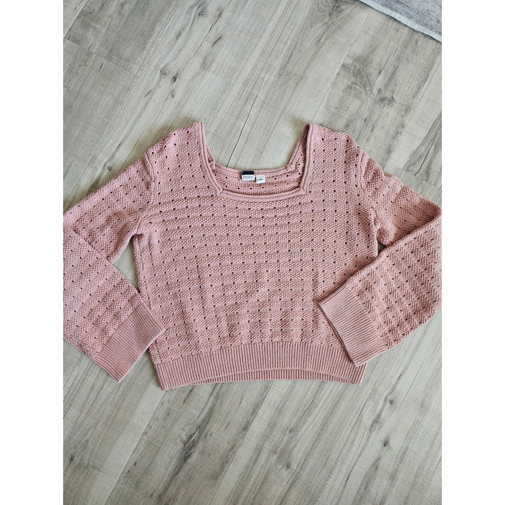 Roxy Pink Pointelle Knit Square Neck Sweater Long Sleeve Cotton Blend Small